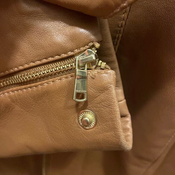 Cole Haan L Genuine Lambskin Leather Moto Jacket | Caramel Brown, Gold Zippers - Picture 7 of 11